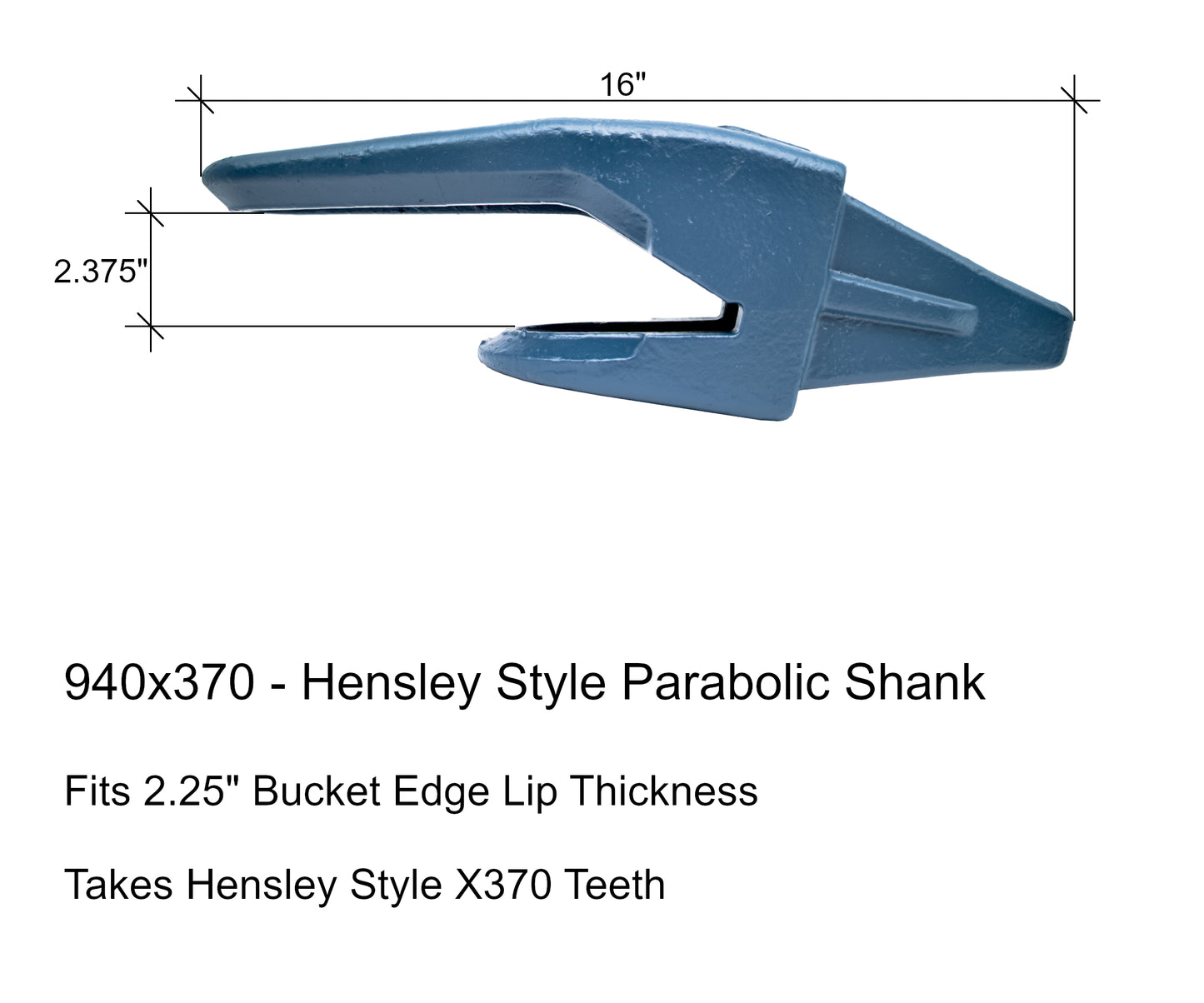 940x370 Parabolic Bucket Adapter Shank for 2" Lip - 'Hensley X370 Series'