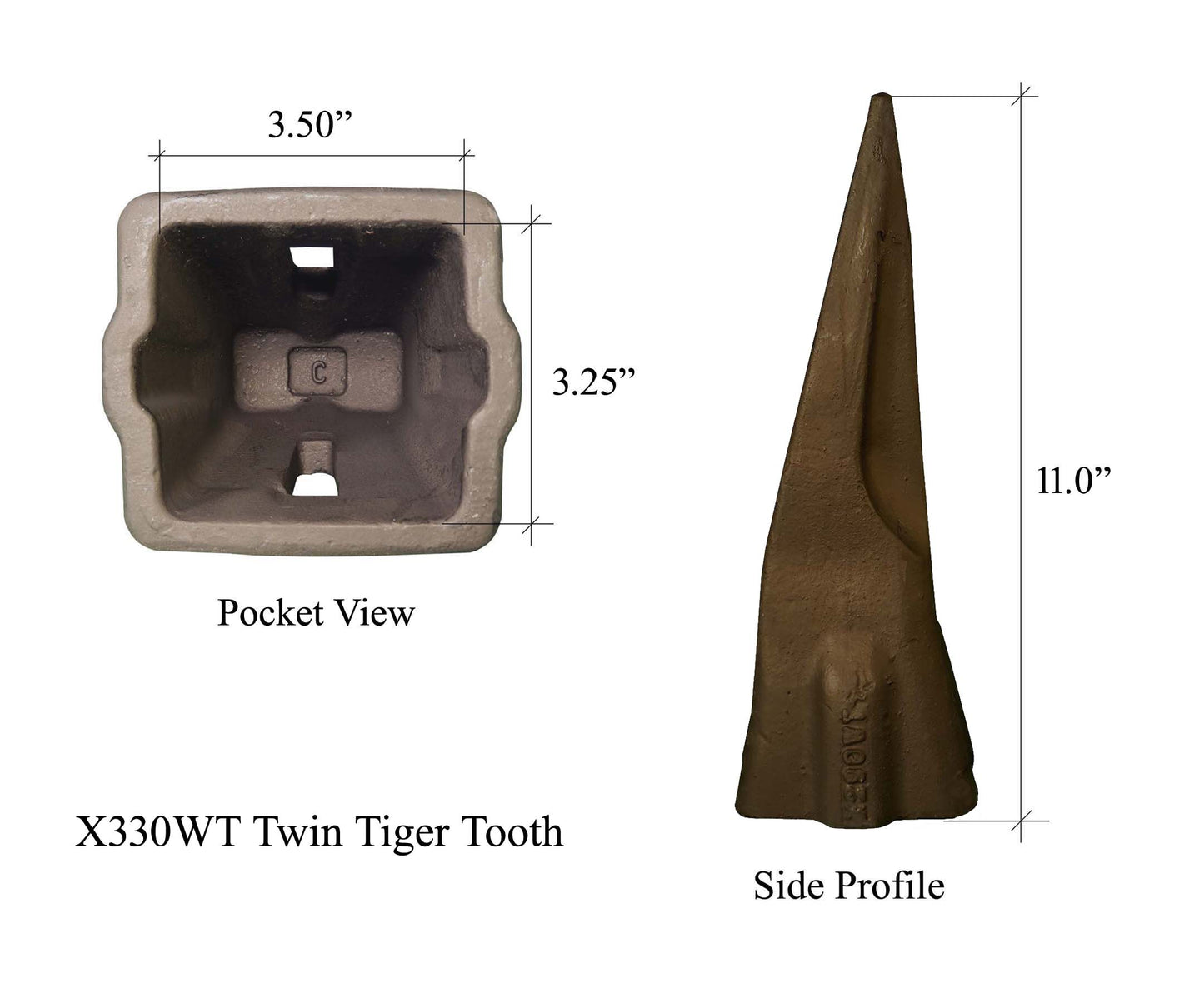 X330WT Twin Tiger Rock Tooth - 'Hensley X330 Style' for Excavator Buckets