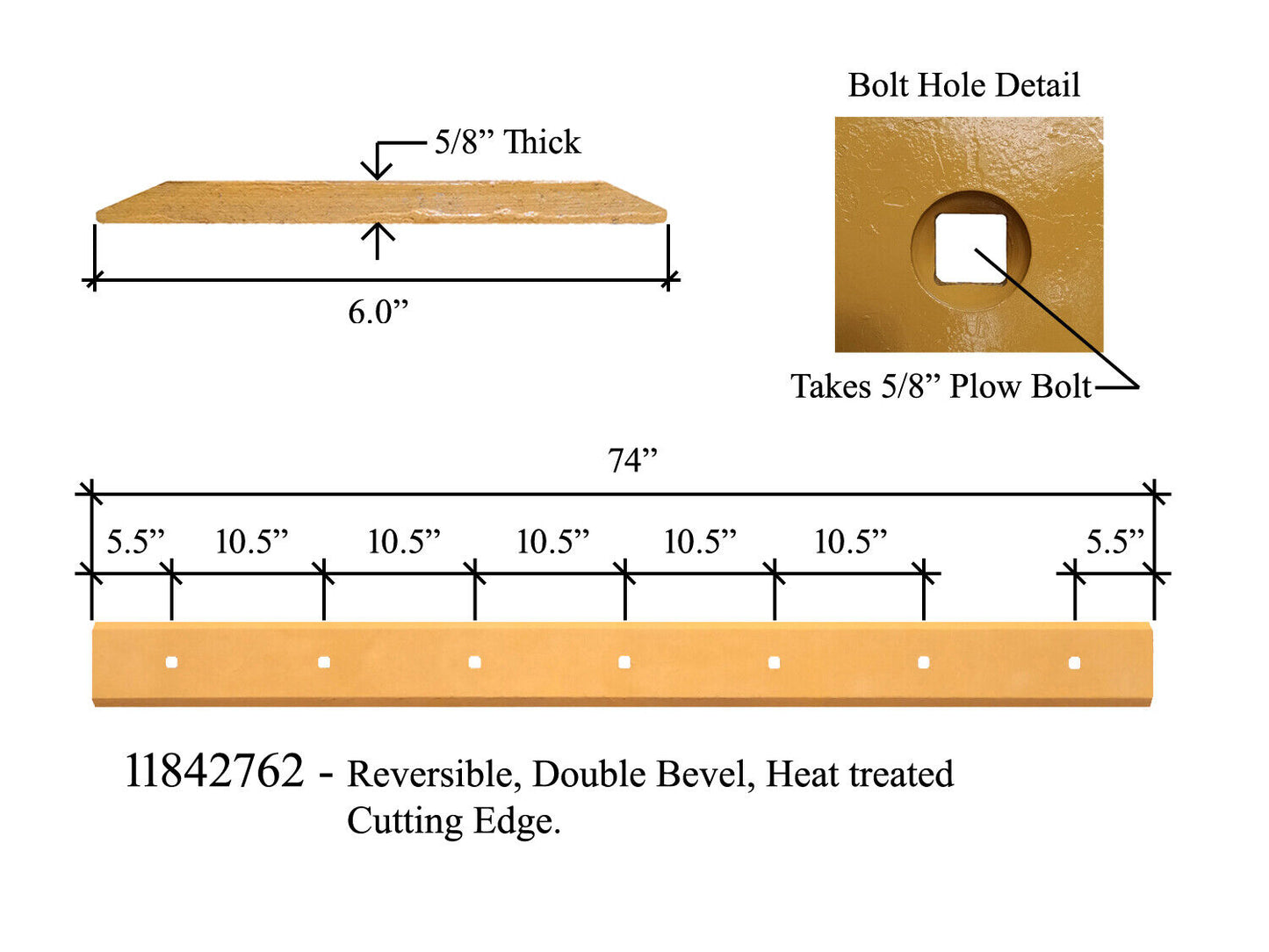 11842762 - Skid Steer Cutting Edge, Reversible, Heat Treated, 7 Bolt, 5/8" x 6" x 74"