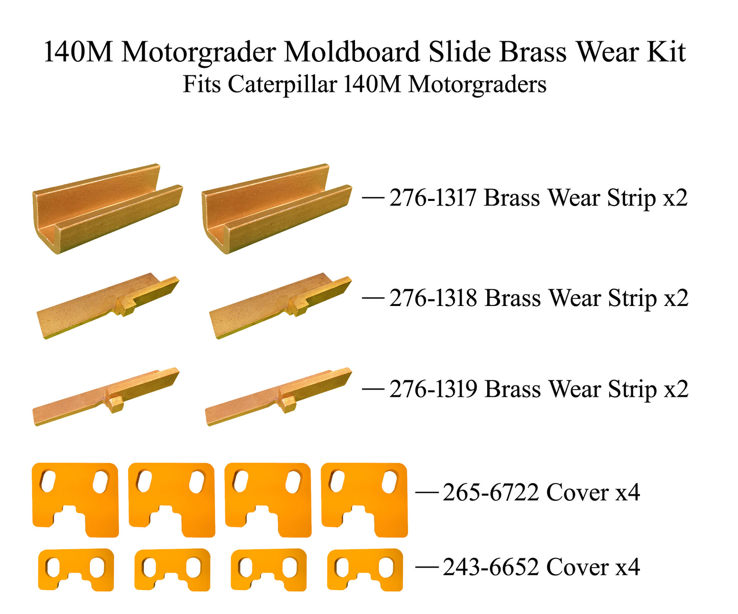 Motor Grader Moldboard Slide Brass Wear Kit with Covers, Fits Caterpillar 140M