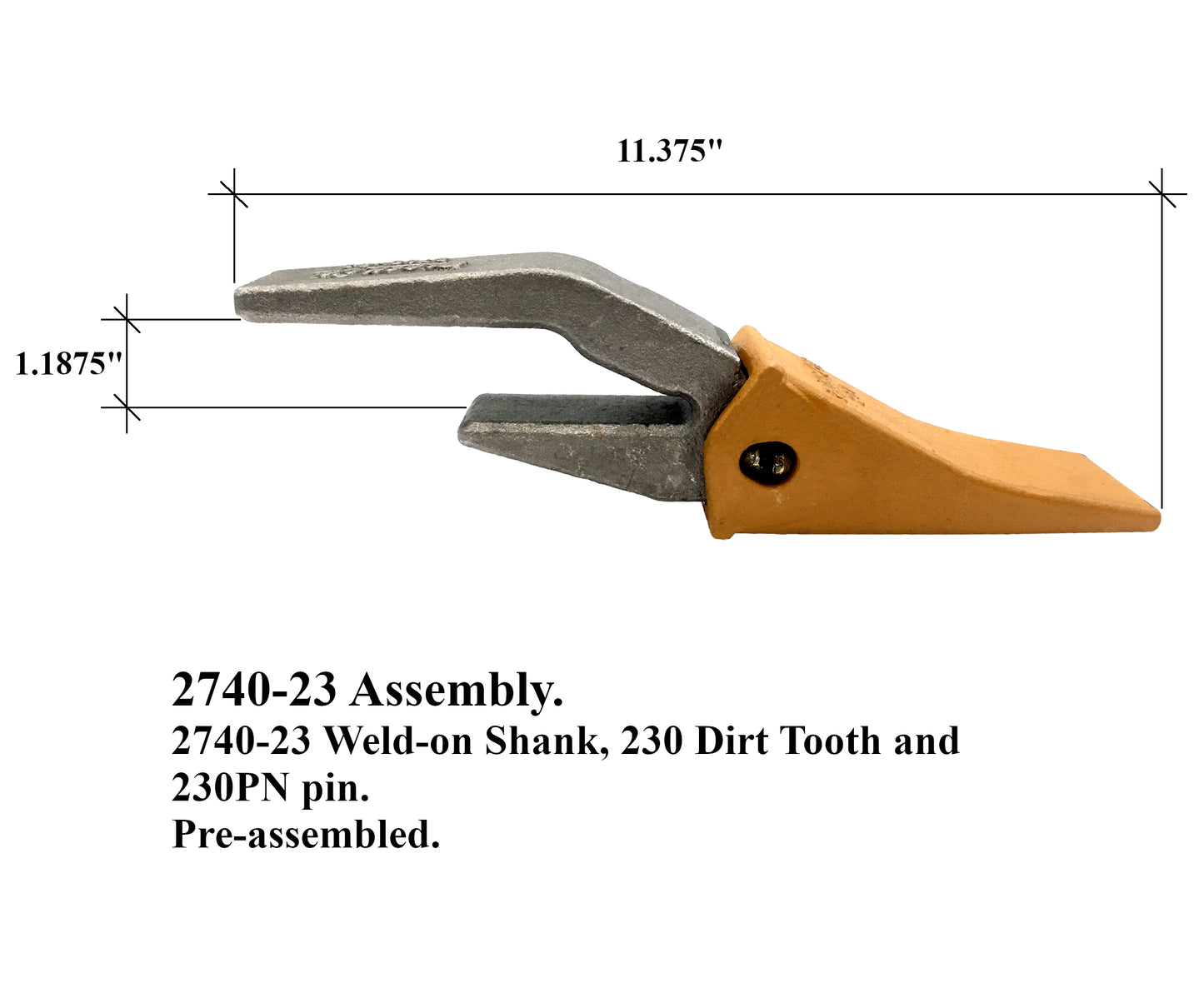 2740-ZW-23, 230 y 230PN - Conjunto de vástago, diente y pasador para labio de 1" - 'Serie H &amp; L estilo 230' para retroexcavadora, patín Mini Ex