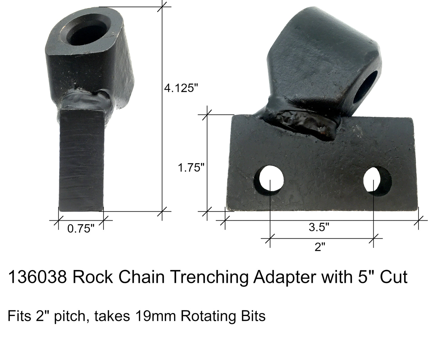 Adaptadores para zanjas de cadena para rocas LH y RH - 136038 y 136039 - Paso de 2", corte de 5", 19 mm