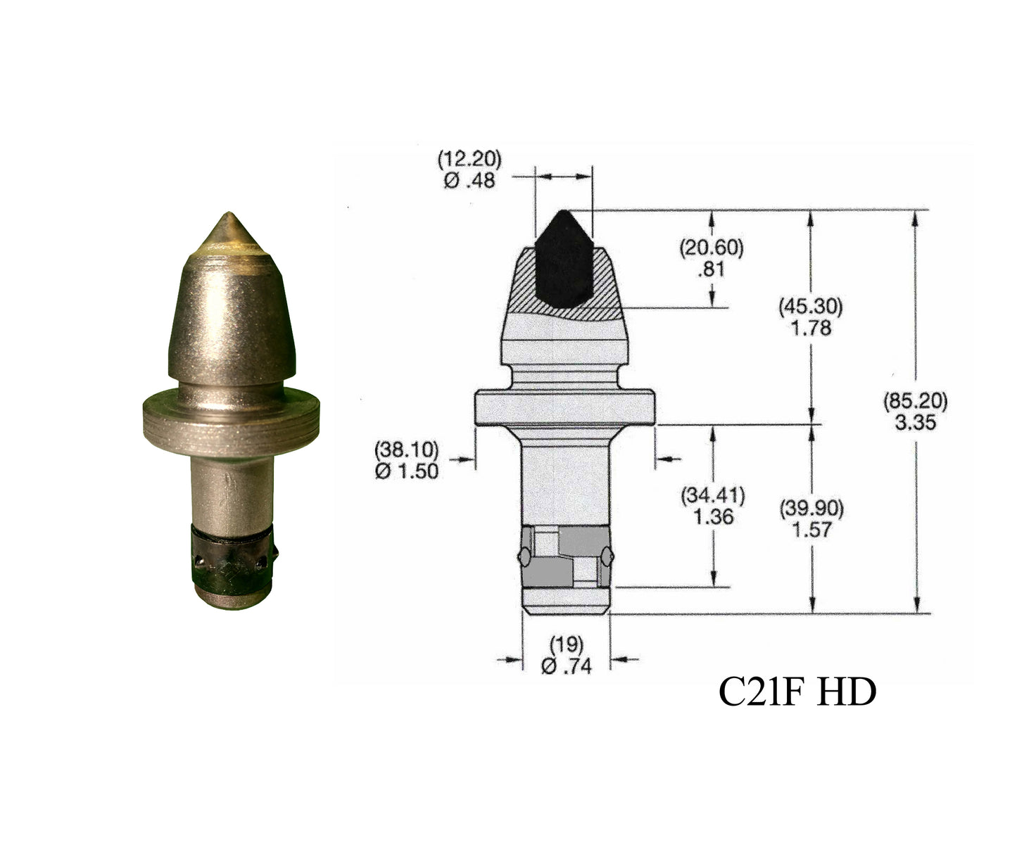 50 Trencher, Auger, Carbide Bits, 19mm(0.74"Ø) Shank w/ Int. Retainer- C21F HD