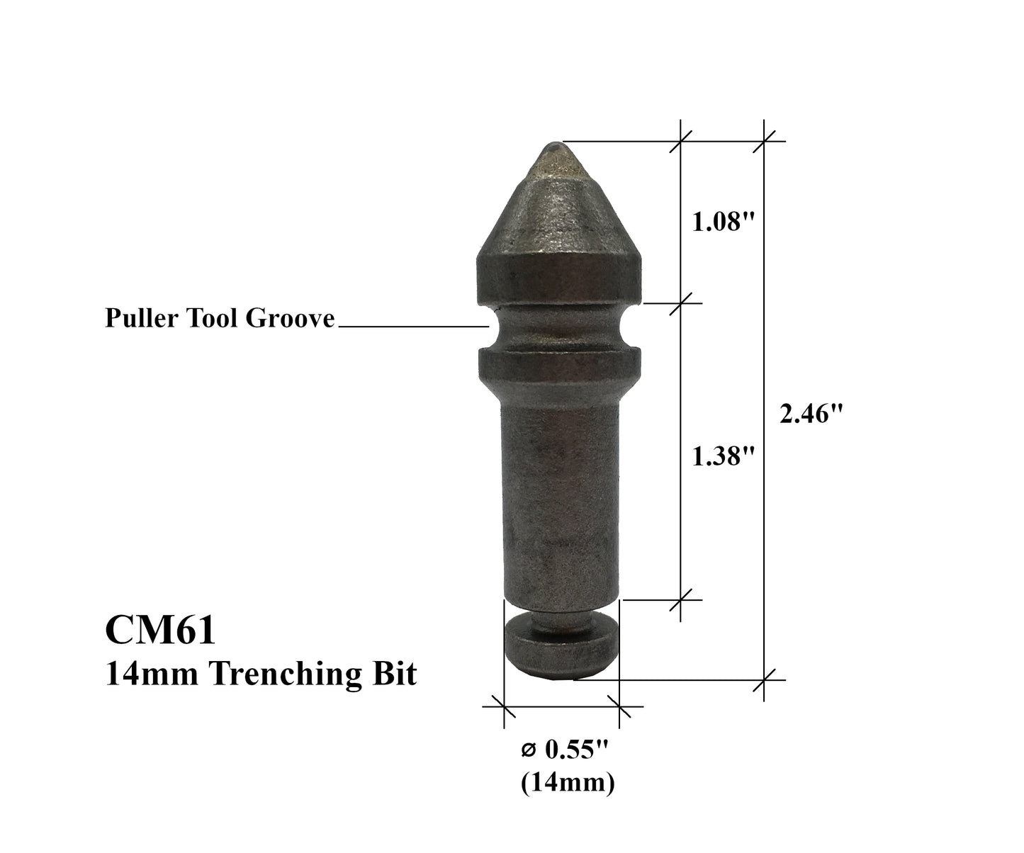 Zanjadora pequeña, barrena, broca giratoria para roca, vástago de 14 mm (0,55" Ø) con clip en C