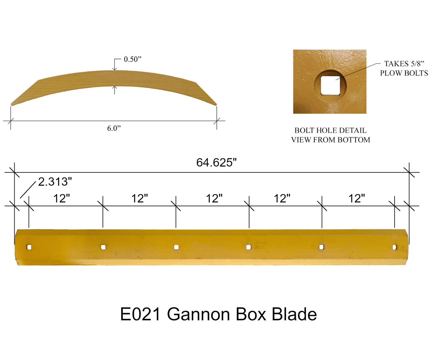 E021 - Cuchilla de caja raspadora con herrajes, se adapta a muchas cajas esparcidoras/rascadoras Gannon - 1/2" x 6" x 64.625"