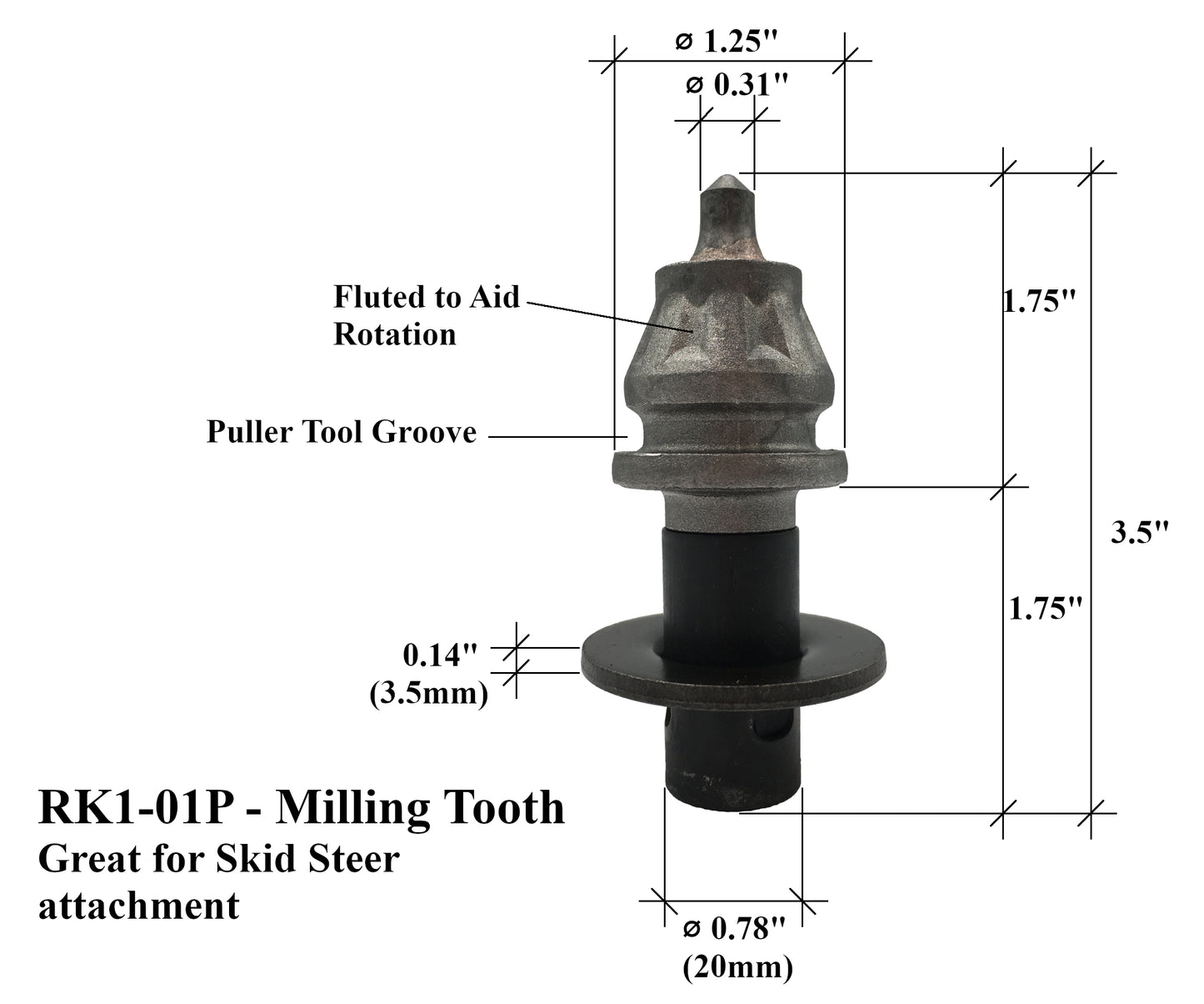 50 Skidsteer Cold Planar/Zipper Attachment Milling Bit w/ Puller Groove, RK1-01P