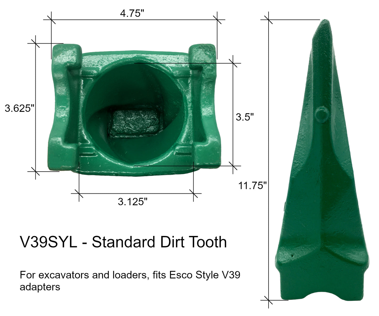 Diente de suciedad estándar V39SYL: 'se adapta a Esco Style Super V39' para cucharones de excavadora