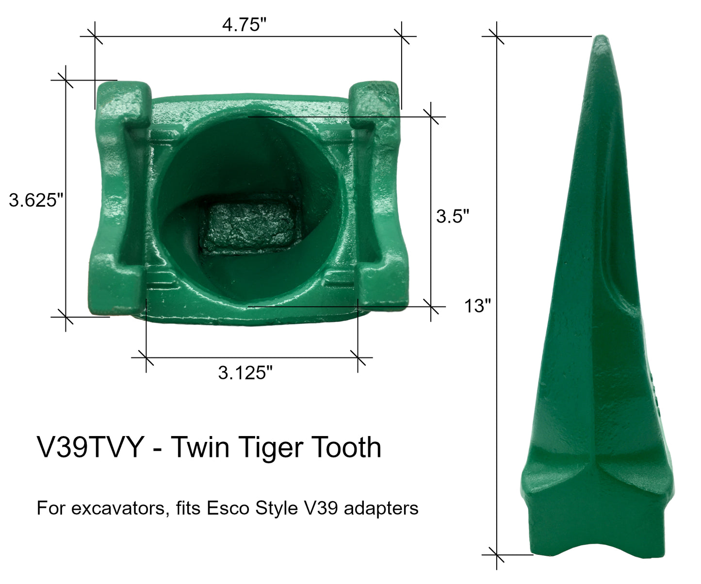 V39TVY Twin Tiger Rock Tooth - 'fits Esco Style Super V39' for Excavator Buckets