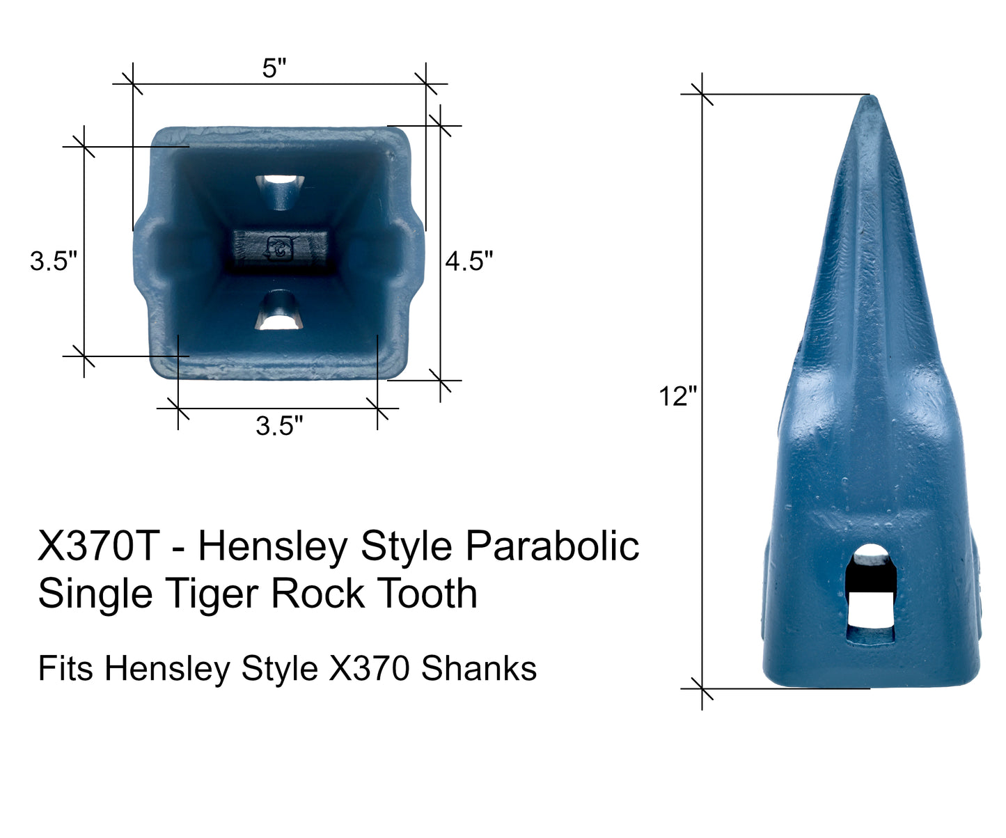 X370T Single Tiger Rock Tooth - 'Hensley X370 Style' for Excavator Buckets