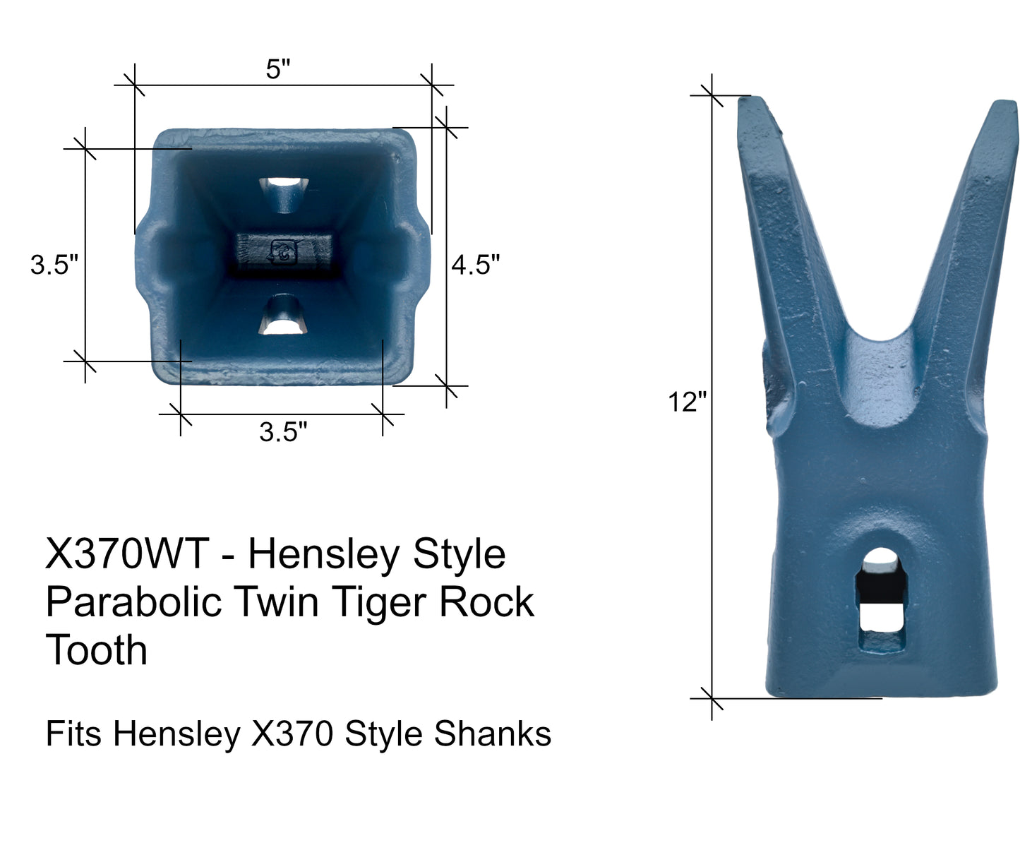 X370WT Twin Tiger Rock Tooth - 'Hensley X370 Style' for Excavator Buckets