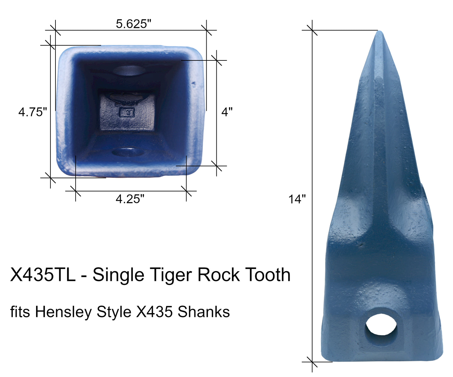 X435T Single Tiger Rock Tooth - 'Hensley X435 Style' for Excavator Buckets