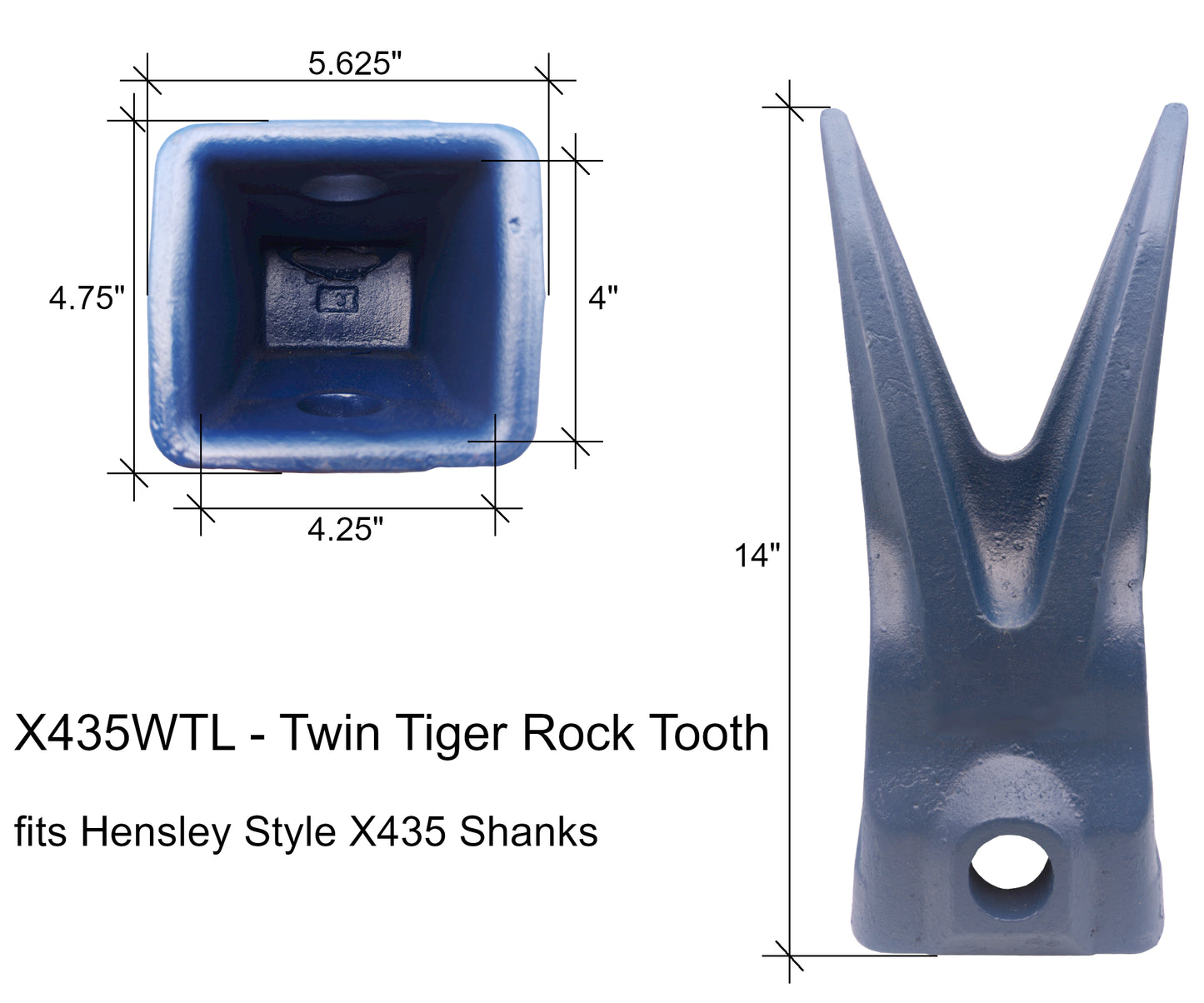 X435WT Twin Tiger Rock Tooth - 'Hensley X435 Style' for Excavator Buckets